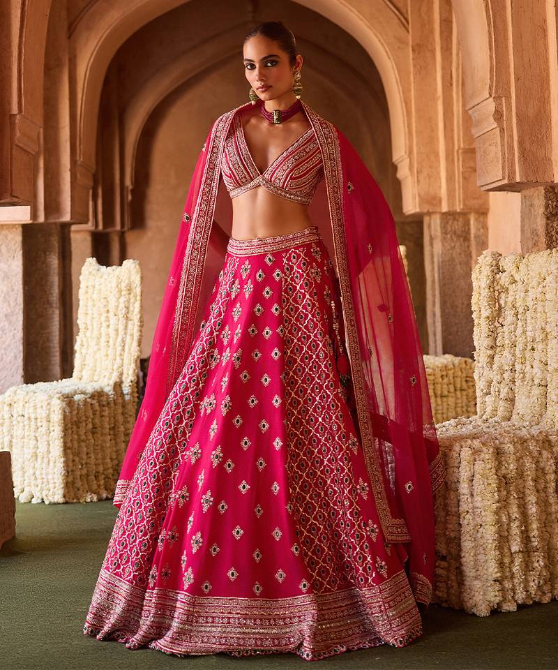 Fuchsia Pink Embroidered Cupro Silk Lehenga Set