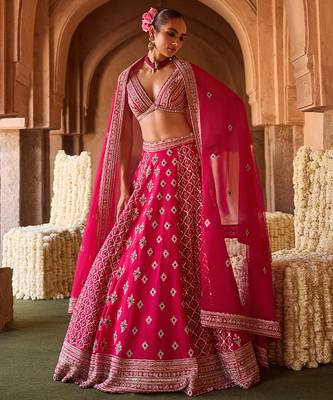 Fuchsia Pink Embroidered Cupro Silk Lehenga Set 2