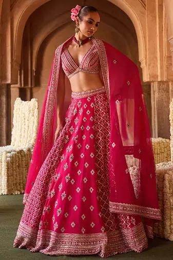 Fuchsia Pink Embroidered Cupro Silk Lehenga Set