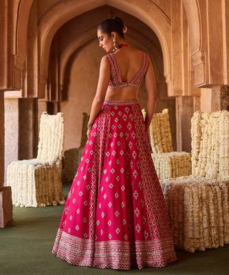 Fuchsia Pink Embroidered Cupro Silk Lehenga Set 3