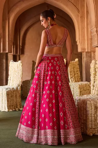 Fuchsia Pink Embroidered Cupro Silk Lehenga Set