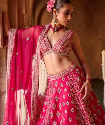 Fuchsia Pink Embroidered Cupro Silk Lehenga Set 4