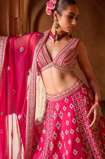 Fuchsia Pink Embroidered Cupro Silk Lehenga Set