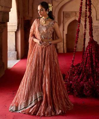 Rust Metallic Orange Embroidered Tissue Lehenga Set 1