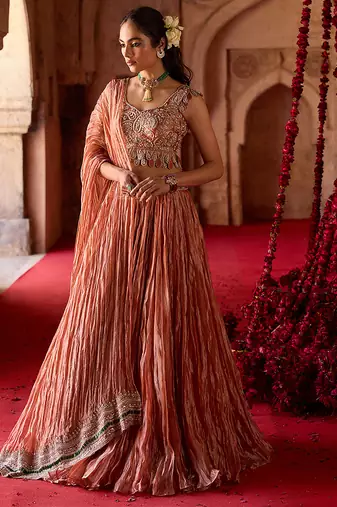 Rust Metallic Orange Embroidered Tissue Lehenga Set