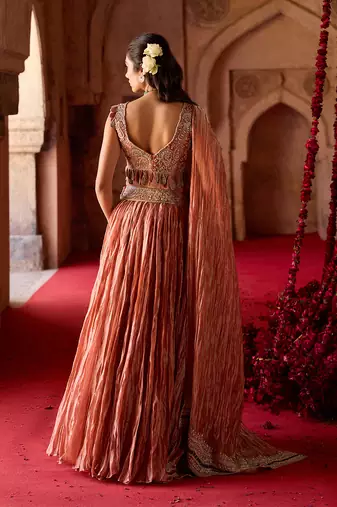 Rust Metallic Orange Embroidered Tissue Lehenga Set