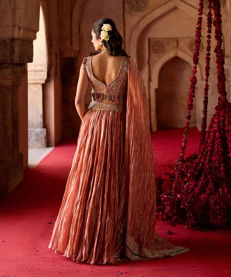 Rust Metallic Orange Embroidered Tissue Lehenga Set