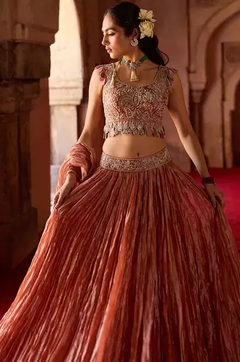 Rust Metallic Orange Embroidered Tissue Lehenga Set