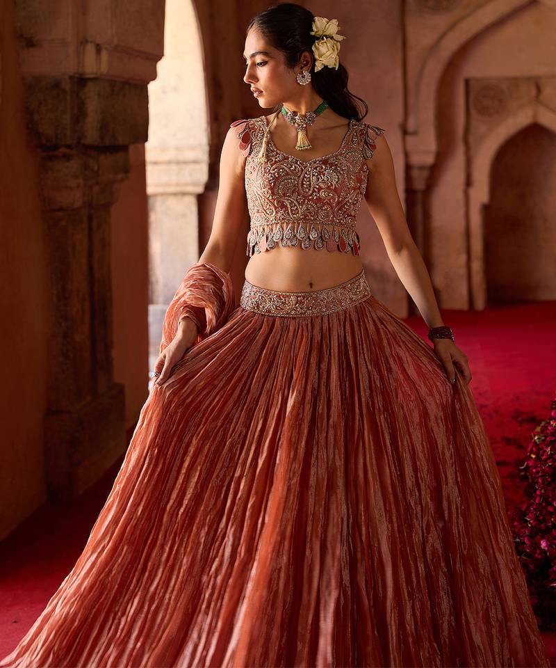 Rust Metallic Orange Embroidered Tissue Lehenga Set