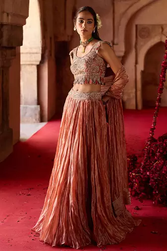 Rust Metallic Orange Embroidered Tissue Lehenga Set