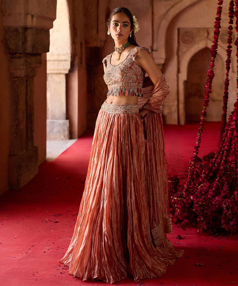 Rust Metallic Orange Embroidered Tissue Lehenga Set