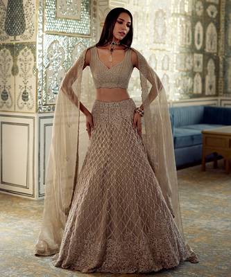 Metallic Champagne Gold Embroidered Tissue Lehenga Set 1