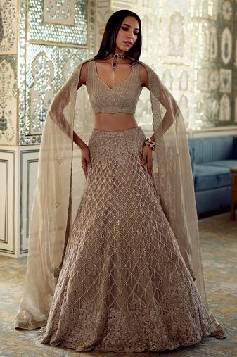Metallic Champagne Gold Embroidered Tissue Lehenga Set