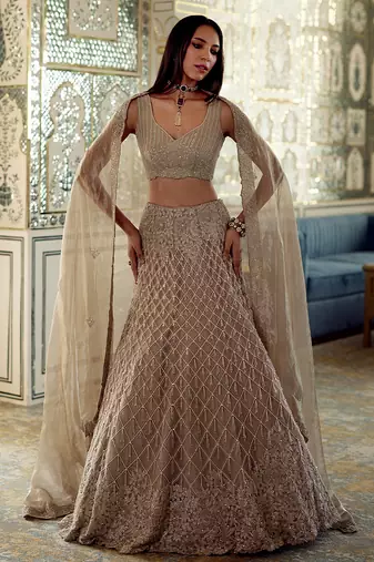 Metallic Champagne Gold Embroidered Tissue Lehenga Set