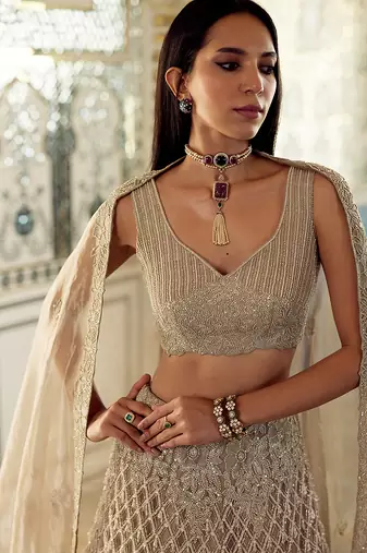 Metallic Champagne Gold Embroidered Tissue Lehenga Set
