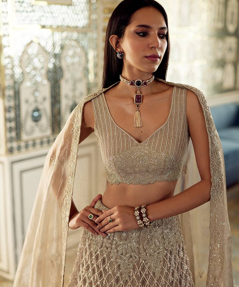 Metallic Champagne Gold Embroidered Tissue Lehenga Set
