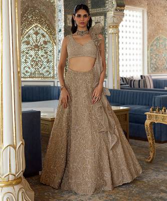 Muted Champagne Gold Embroidered Tissue Lehenga Set 1
