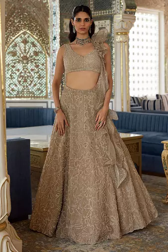 Muted Champagne Gold Embroidered Tissue Lehenga Set