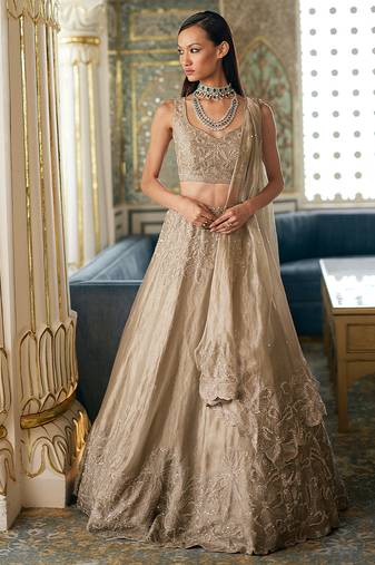 Antique Gold Embroidered Tissue Lehenga Set