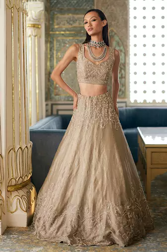Antique Gold Embroidered Tissue Lehenga Set