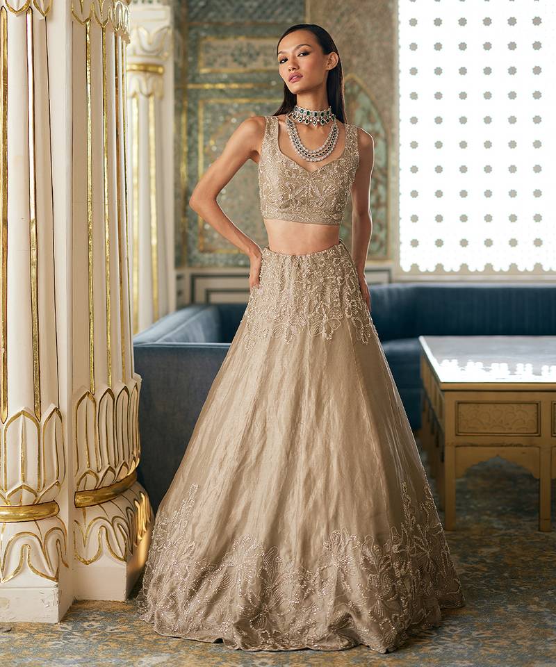 Antique Gold Embroidered Tissue Lehenga Set