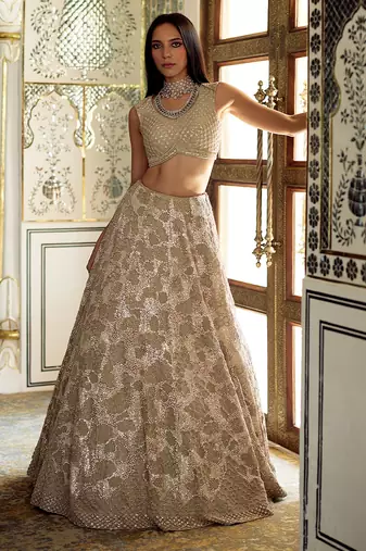 Champagne Gold Embroidered Tissue Lehenga Set