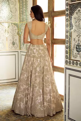Champagne Gold Embroidered Tissue Lehenga Set