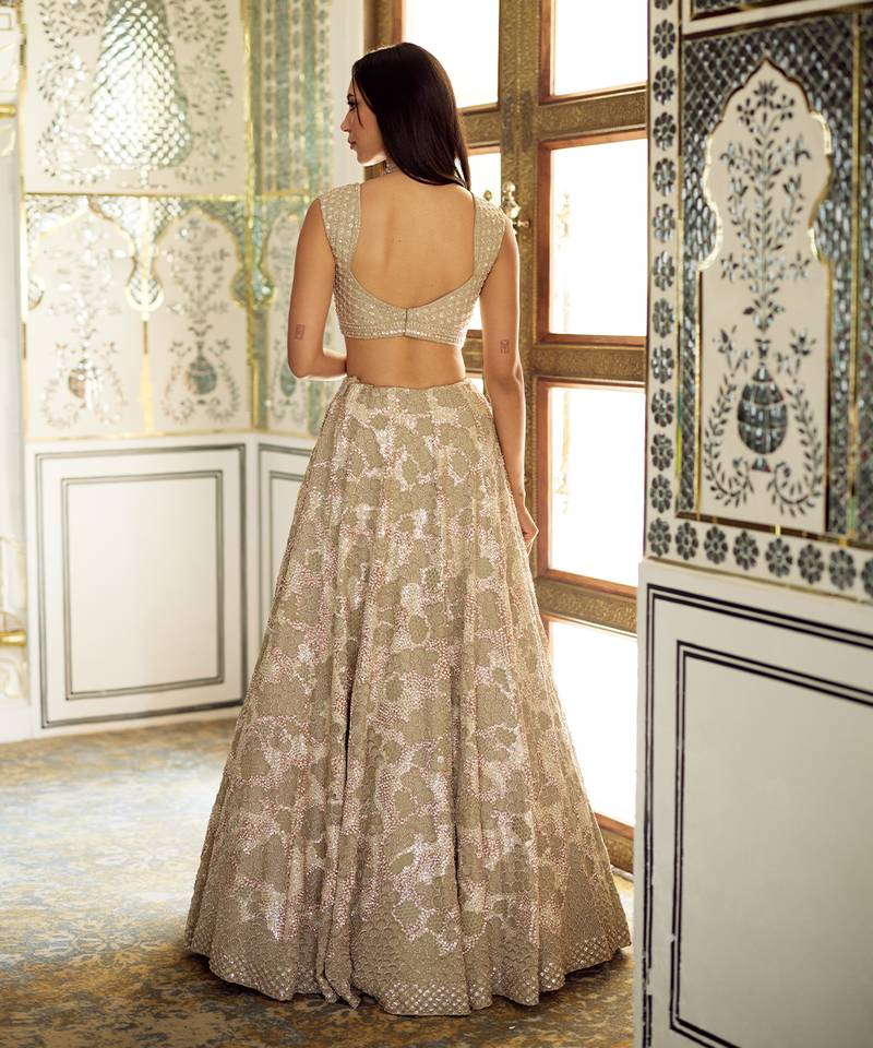 Champagne Gold Embroidered Tissue Lehenga Set