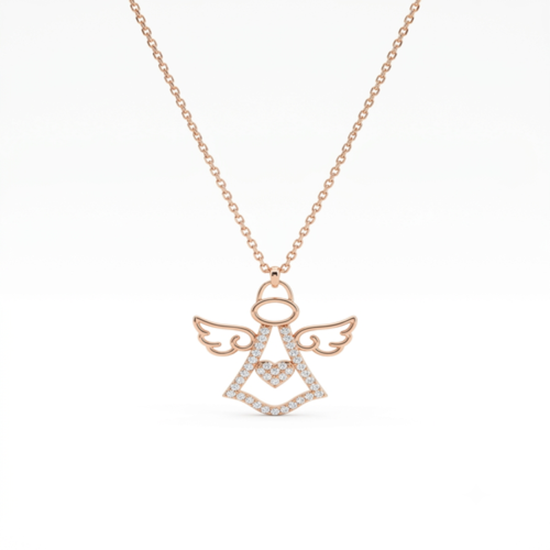 925 Sterling Silver Rose Gold Plated Angel Pendant Necklace with Cubic Zirconia