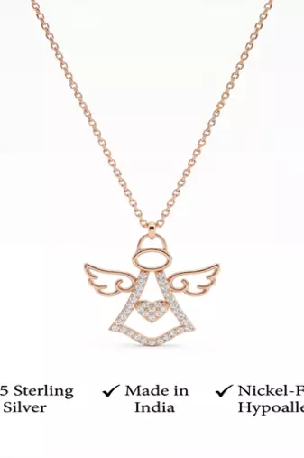 925 Sterling Silver Rose Gold Plated Angel Pendant Necklace Set  with Cubic Zircon