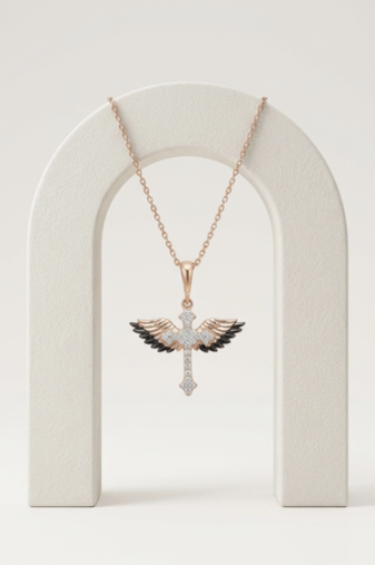 925 Sterling Silver Rose Gold Plated Winged Cross Pendant Necklace with Black & White Cubic Zirconia