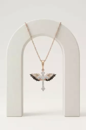 925 Sterling Silver Rose Gold Plated Winged Cross Pendant Necklace Set with Black & White Cubic Zircon