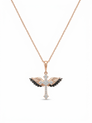 925 Sterling Silver Rose Gold Plated Winged Cross Pendant Necklace Set with Black & White Cubic Zircon 2