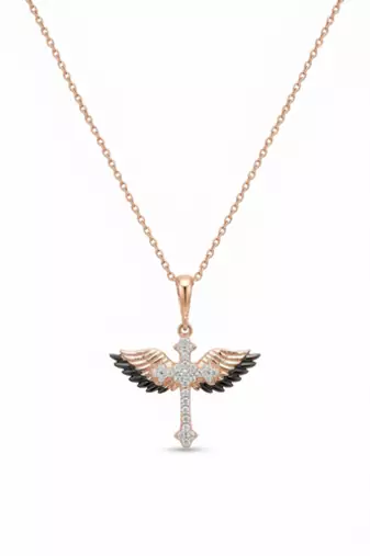 925 Sterling Silver Rose Gold Plated Winged Cross Pendant Necklace Set with Black & White Cubic Zircon