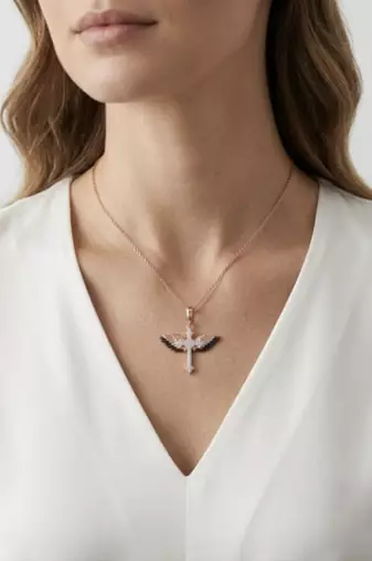 925 Sterling Silver Rose Gold Plated Winged Cross Pendant Necklace Set with Black & White Cubic Zircon