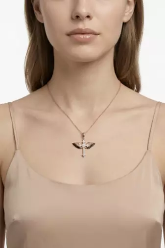 925 Sterling Silver Rose Gold Plated Winged Cross Pendant Necklace Set with Black & White Cubic Zircon