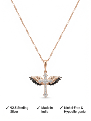 925 Sterling Silver Rose Gold Plated Winged Cross Pendant Necklace Set with Black & White Cubic Zircon 5