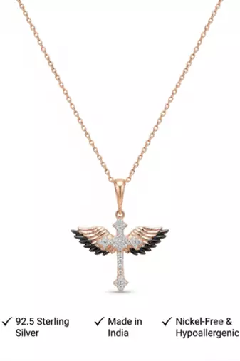 925 Sterling Silver Rose Gold Plated Winged Cross Pendant Necklace Set with Black & White Cubic Zircon