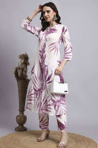 Women blue printed rayon kurta pant set