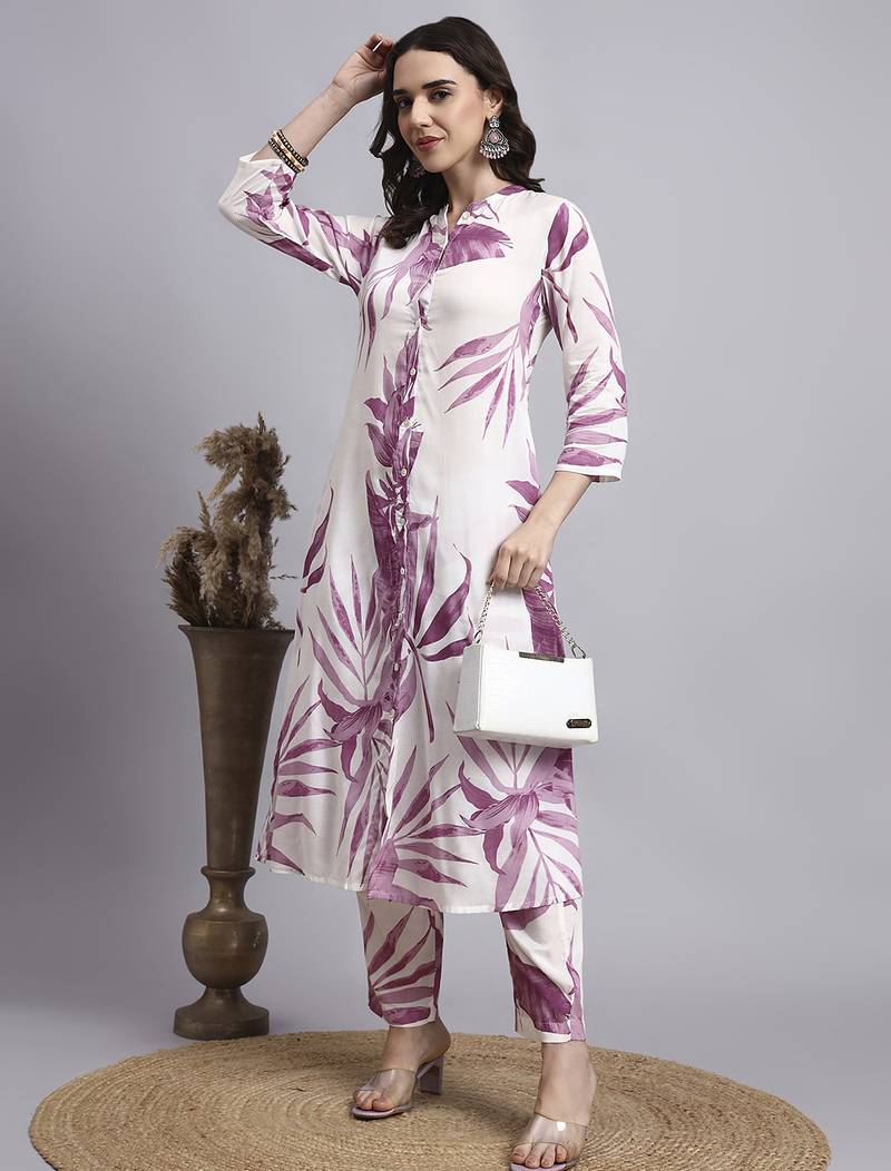 Women blue printed rayon kurta pant set