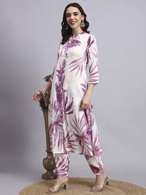 Women blue printed rayon kurta pant set 2