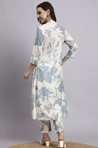 Women cream printed rayon kurta pant set