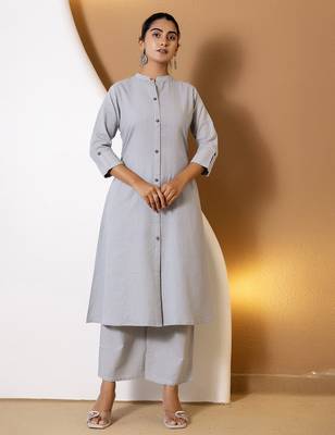 Women grey plain katha kurta set 1