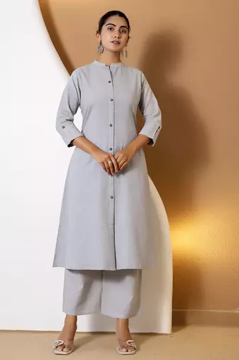 Women grey plain katha kurta set