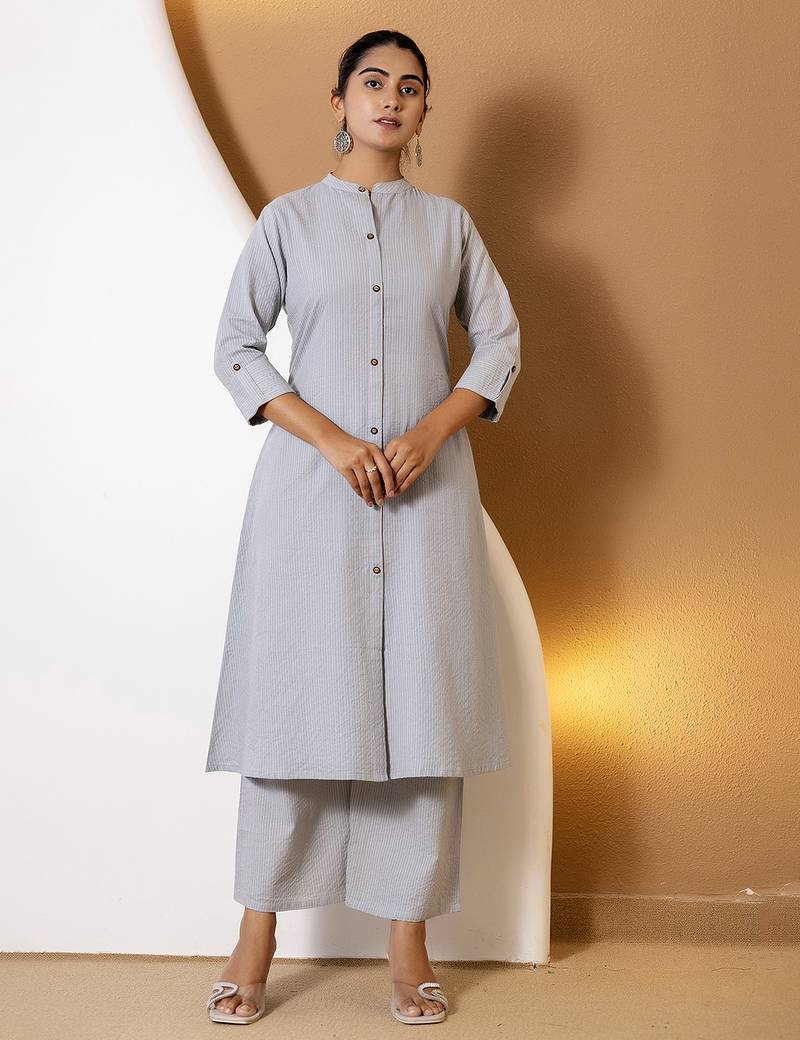 Women grey plain katha kurta set