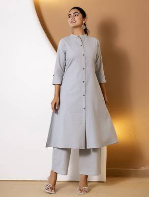 Women grey plain katha kurta set 2
