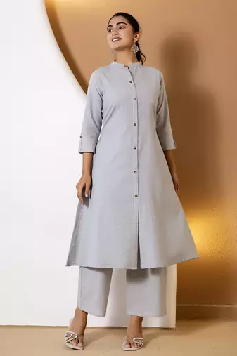 Women grey plain katha kurta set