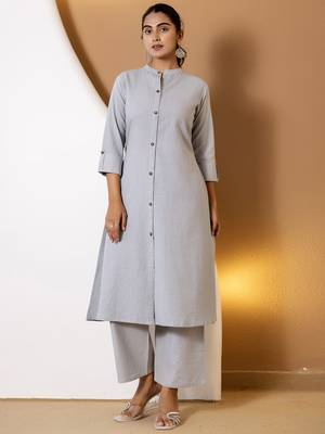 Women grey plain katha kurta set 3