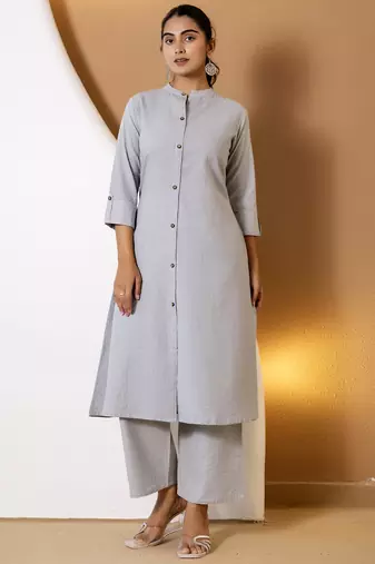 Women grey plain katha kurta set