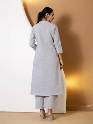 Women grey plain katha kurta set 4